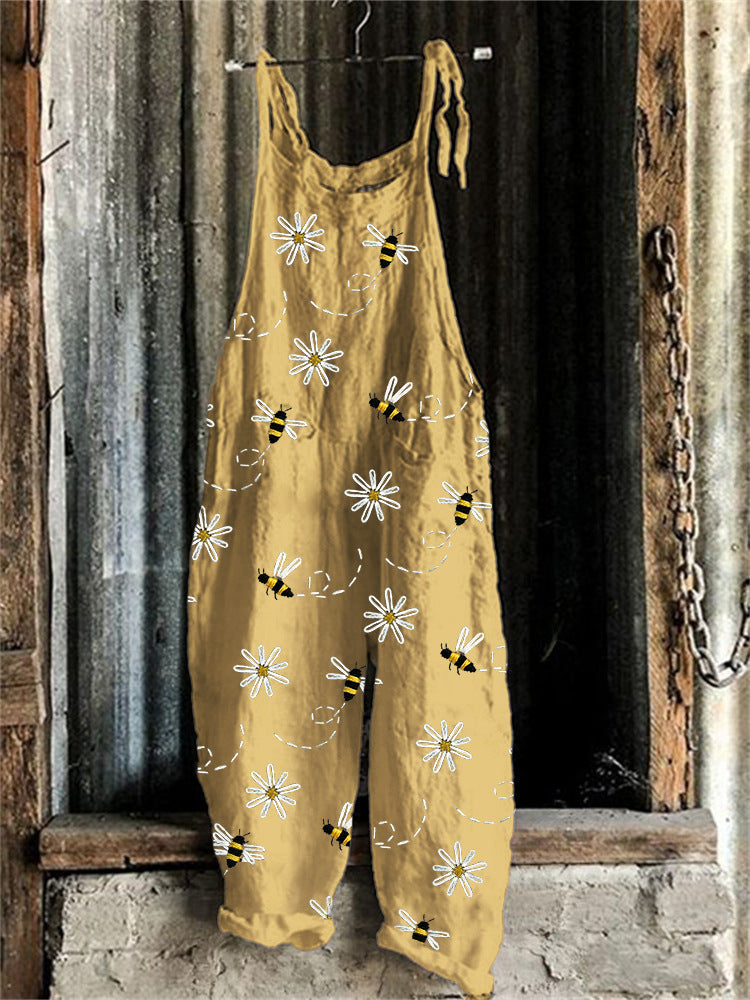 Women's Suspended Pants Sweet Printed Vintage Suspender Pants