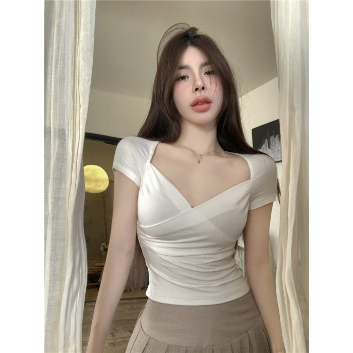 Fashion Pure Sexy Low V-neck Short Top For Women All-matching Slim Fit