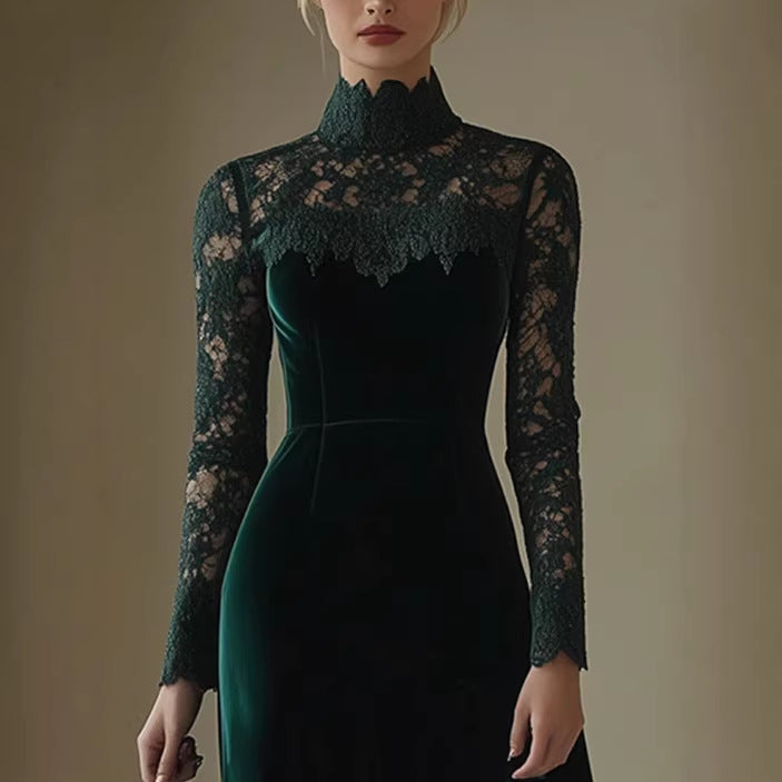 Vintage Velvet Stitched Lace High-Neck Long-Sleeve Midi Dress