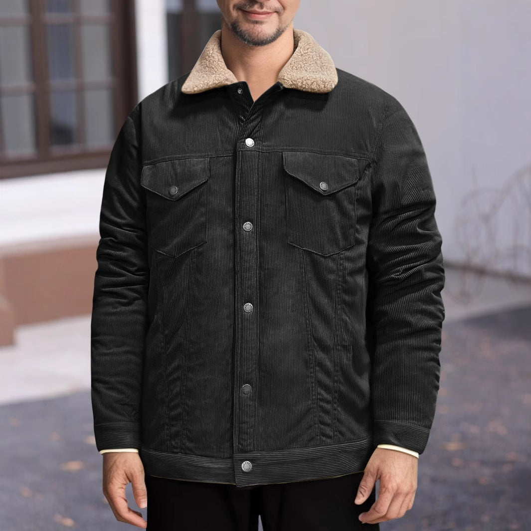 Men's Long Sleeve Lapel Corduroy Fleece-lined Jacket