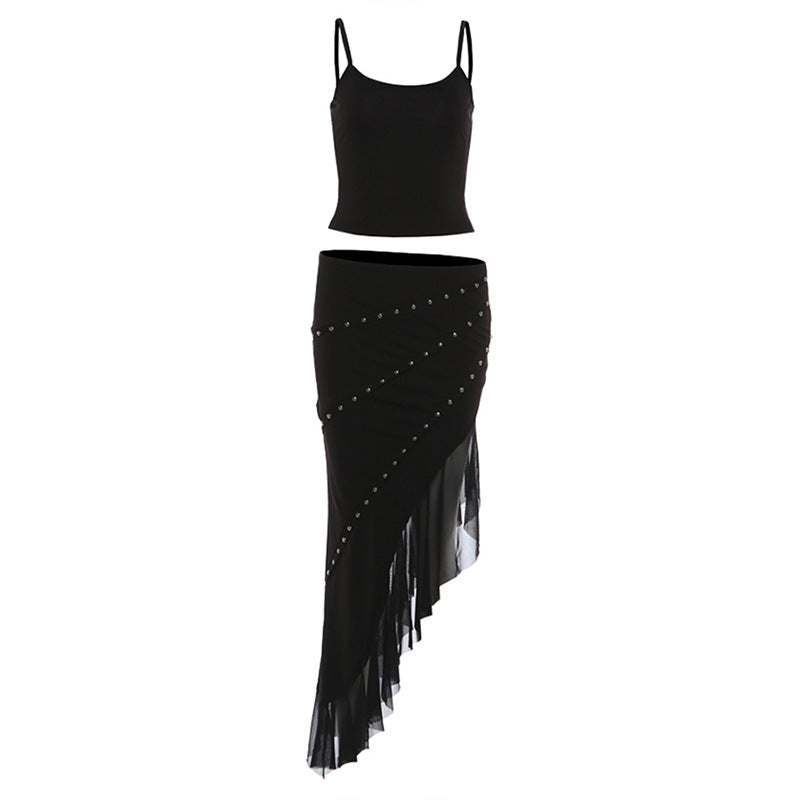 New Womens Outfit Figure-flattering Spaghetti-strap Tank Top Paired With A Mesh-panel Studded Skirt