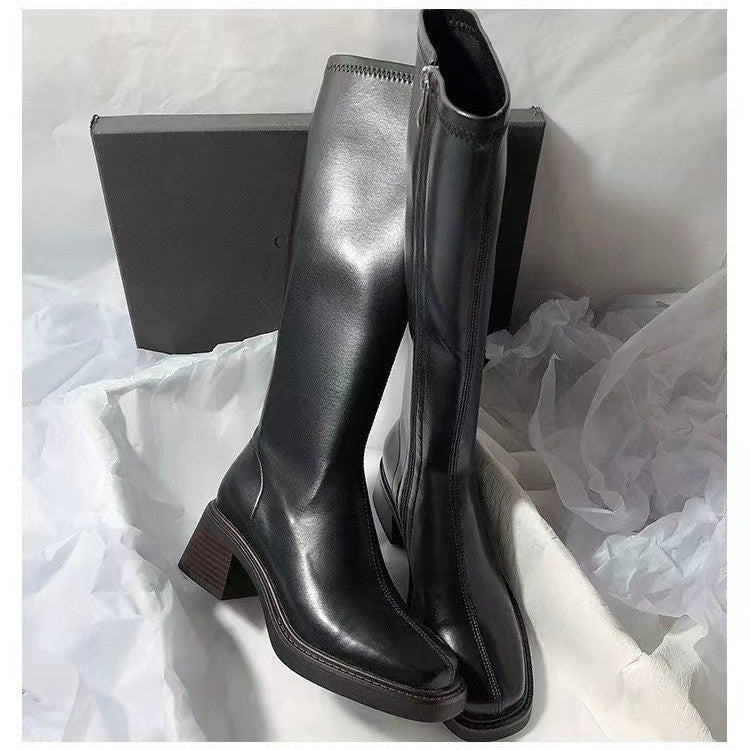 Chunky-Heeled Fashionable Square-Toe Over-the-Knee Boots