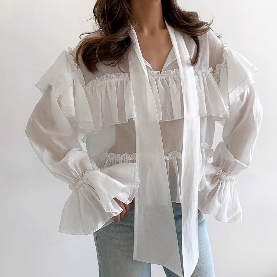 Designer French-style Soft Tie-front Long Sleeve Shirt
