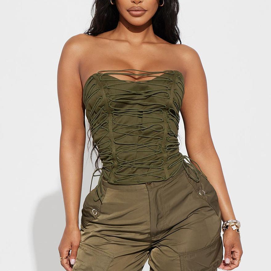 European And American-style Sexy Midriff-baring Top With A Tie-design Corset