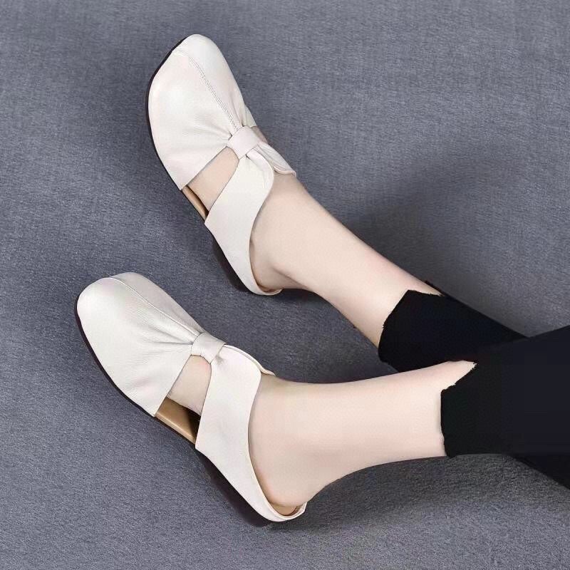 Soft Leather Bottom Square Bow Women's Slippers