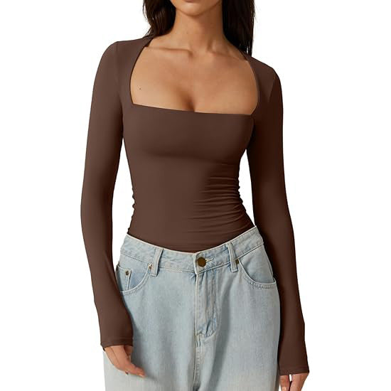 Women's Square Neck Autumn Top Long Sleeve Slim Fit Pullover Milk Silk T-shirt Elegant