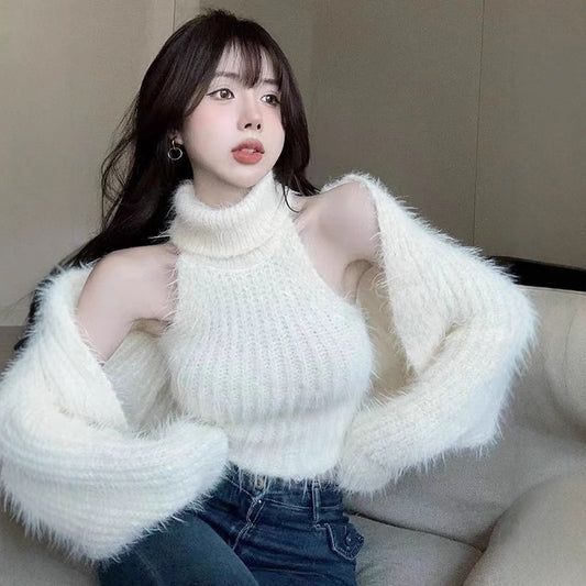 Mink Fur Halter Pure Sweet Hot Girl Sweater Vest Suit