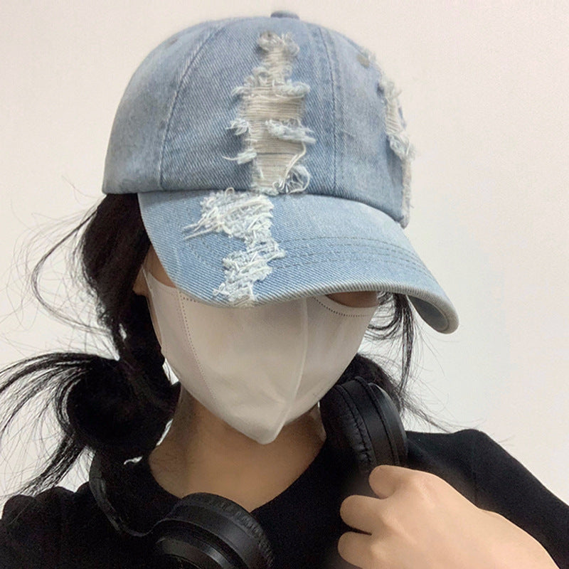 Sommer Koreansk Stil Denim "Make Old" Revnet Kasket