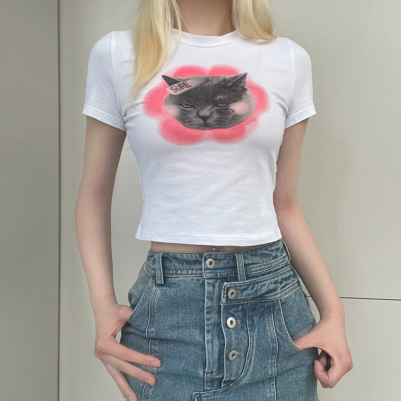 Sweet Cute Cat Print Cartoon Spice Short Sleeve T-shirt Summer New Basic White Simple Top