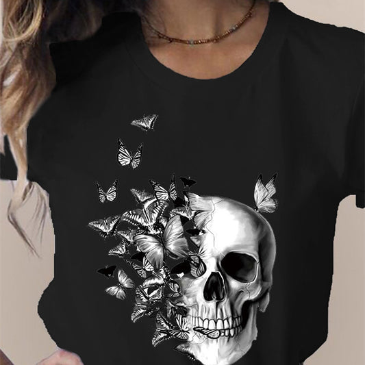 Dame T-shirt med kranie-blomsterprint, rund hals og korte ærmer