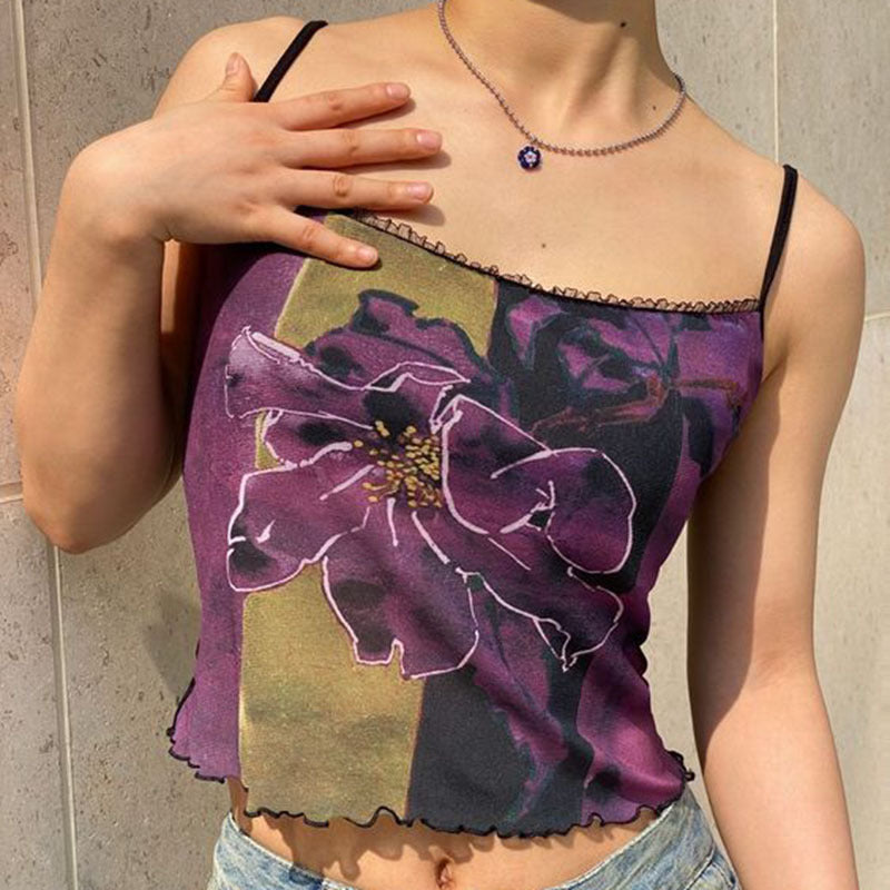 Vintage Printed Suspender With Lace Underneath Tank Top