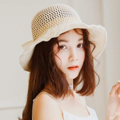 Women's Satin Bow Cotton Linen Sun Hat Foldable