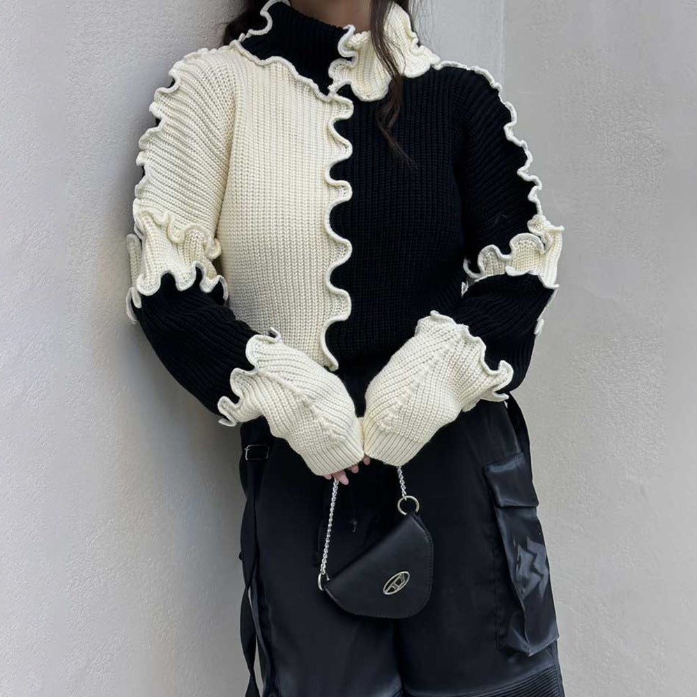 Fashionable Stringy Selvedge Large Color Block Contrast Color Sweater
