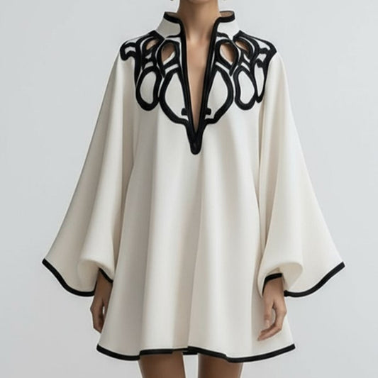 Loose-fitting Color-block V-neck Fashion Dress With Lace Trim