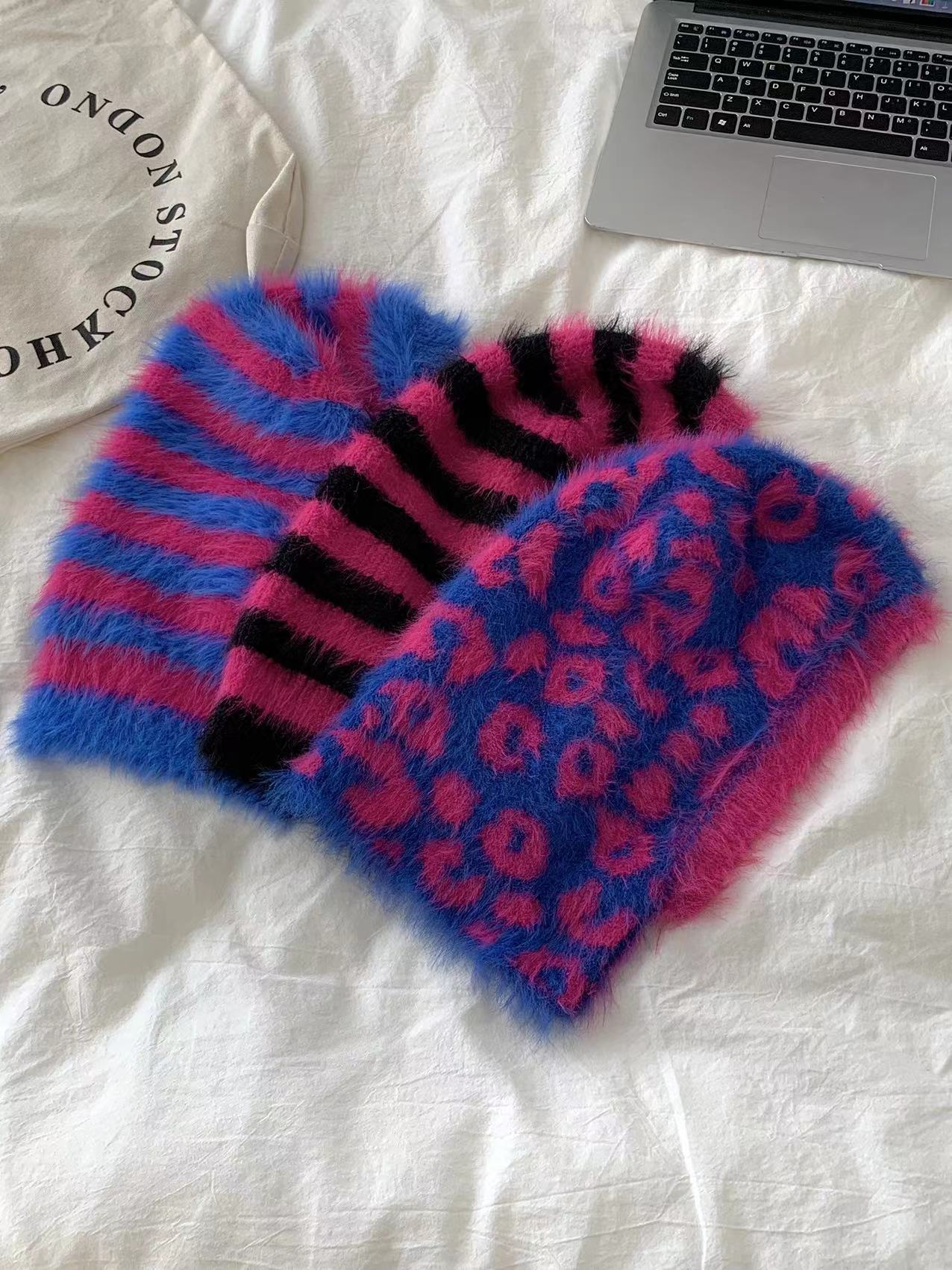 Striped Furry Contrast Color Knitted Woolen Cap