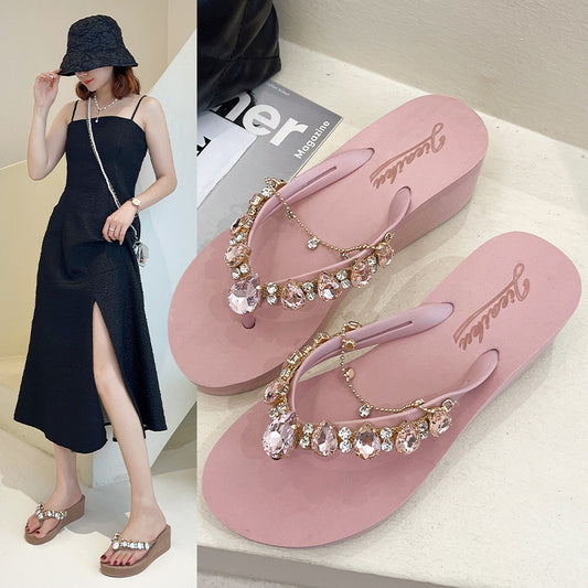 Women's Fashion Casual Rhinestone Chain Thick Bottom Flip-flops