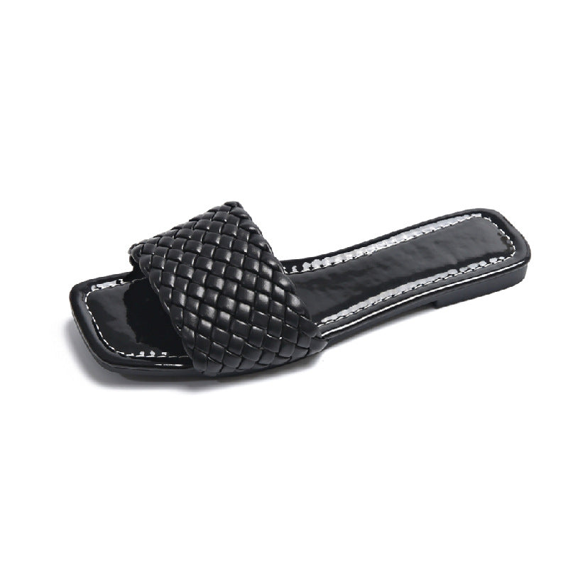 One-word Internet Celebrity Square Toe Flat Heel Women's Slippers