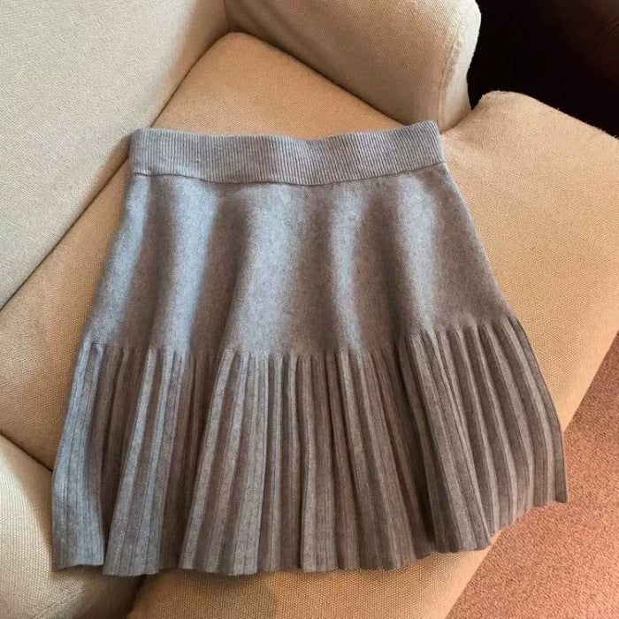Womens Stretchy High-Waist Pleated Skirt Slim-Fit Outerwear Knitted Base Skirt