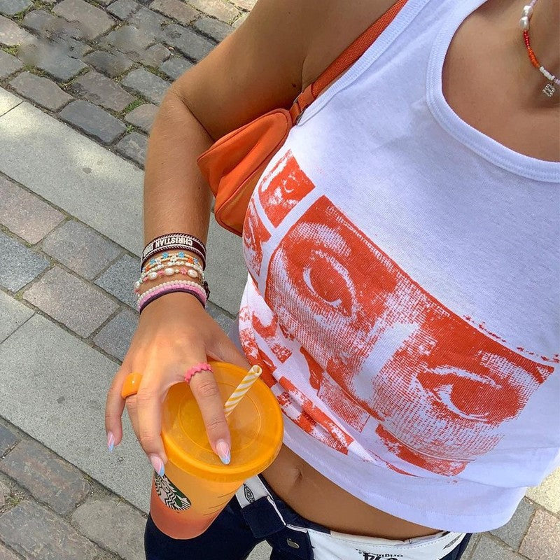 Fashion Printed Round Neck T-shirt Slimming Short Tank Top