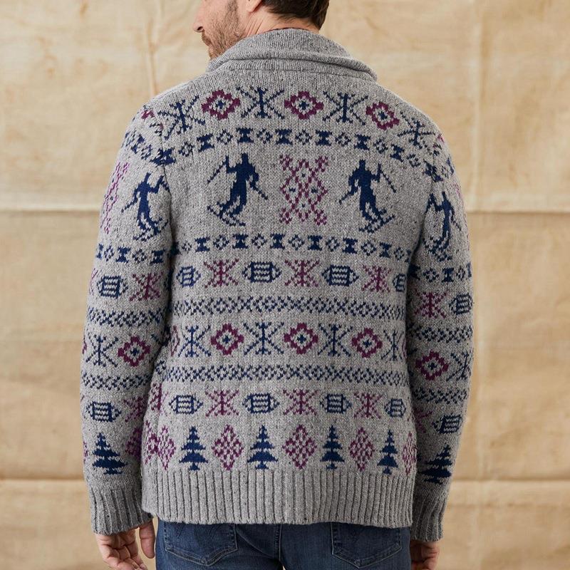 Men's Lapel Long Sleeve Jacquard Casual Sweater Coat