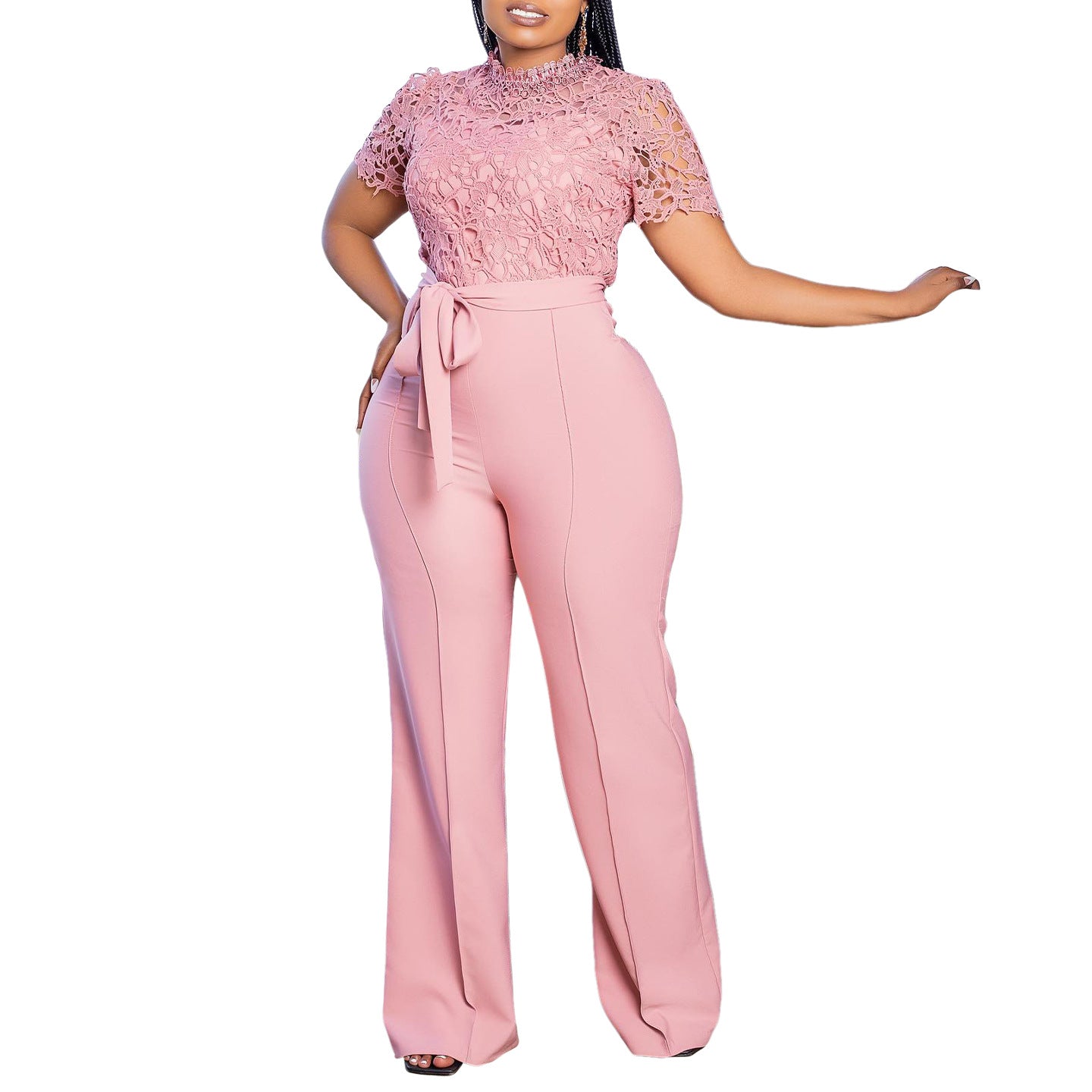 Sexy Lace Hollow-out Short-sleeve Tie-waist High-waist Wide-leg Jumpsuit