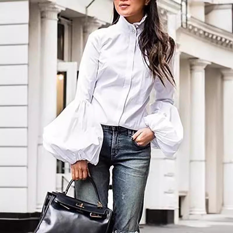 Stand Collar Puffy Sleeve Tup Cardigan Long Sleeve Lapel Shirt