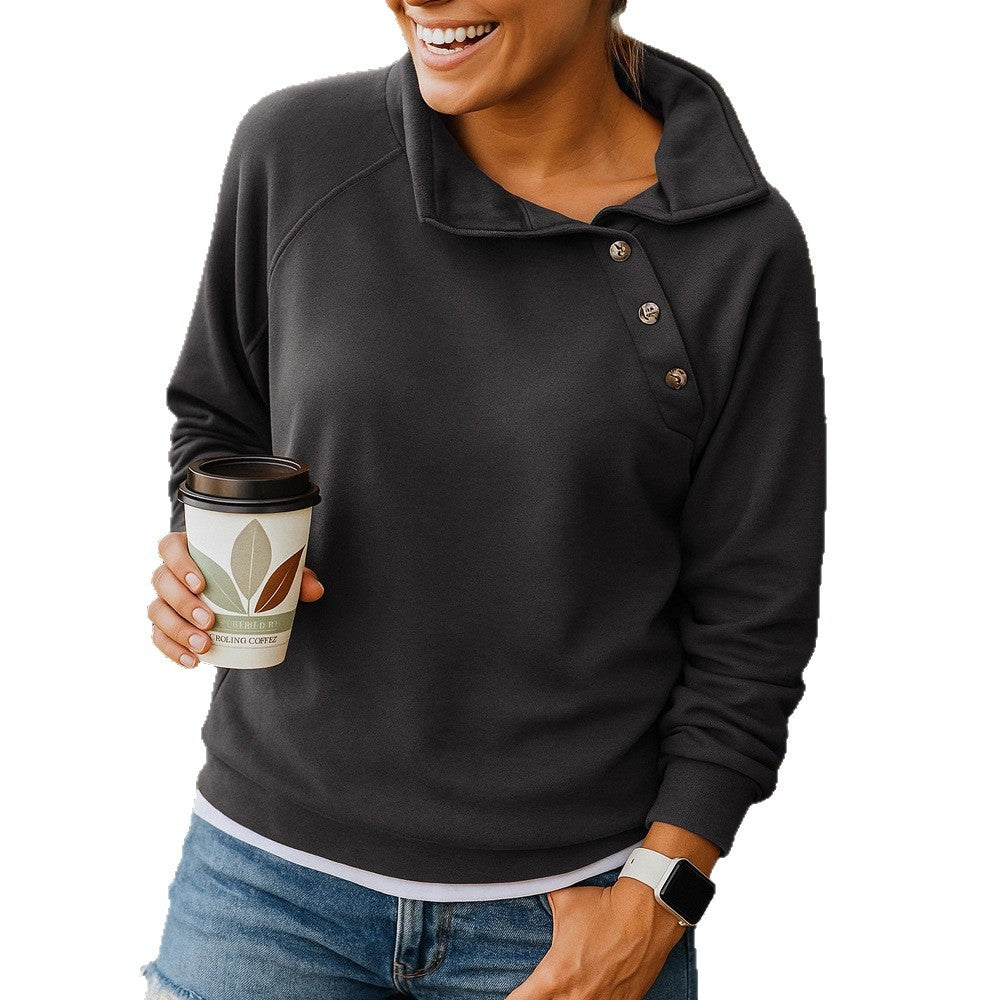 Casual Loose And Stylish Long Sleeves Button Diagonal Collar Sweater