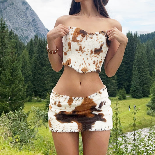 Contrast-color Tube Top And Skirt Set For Women
