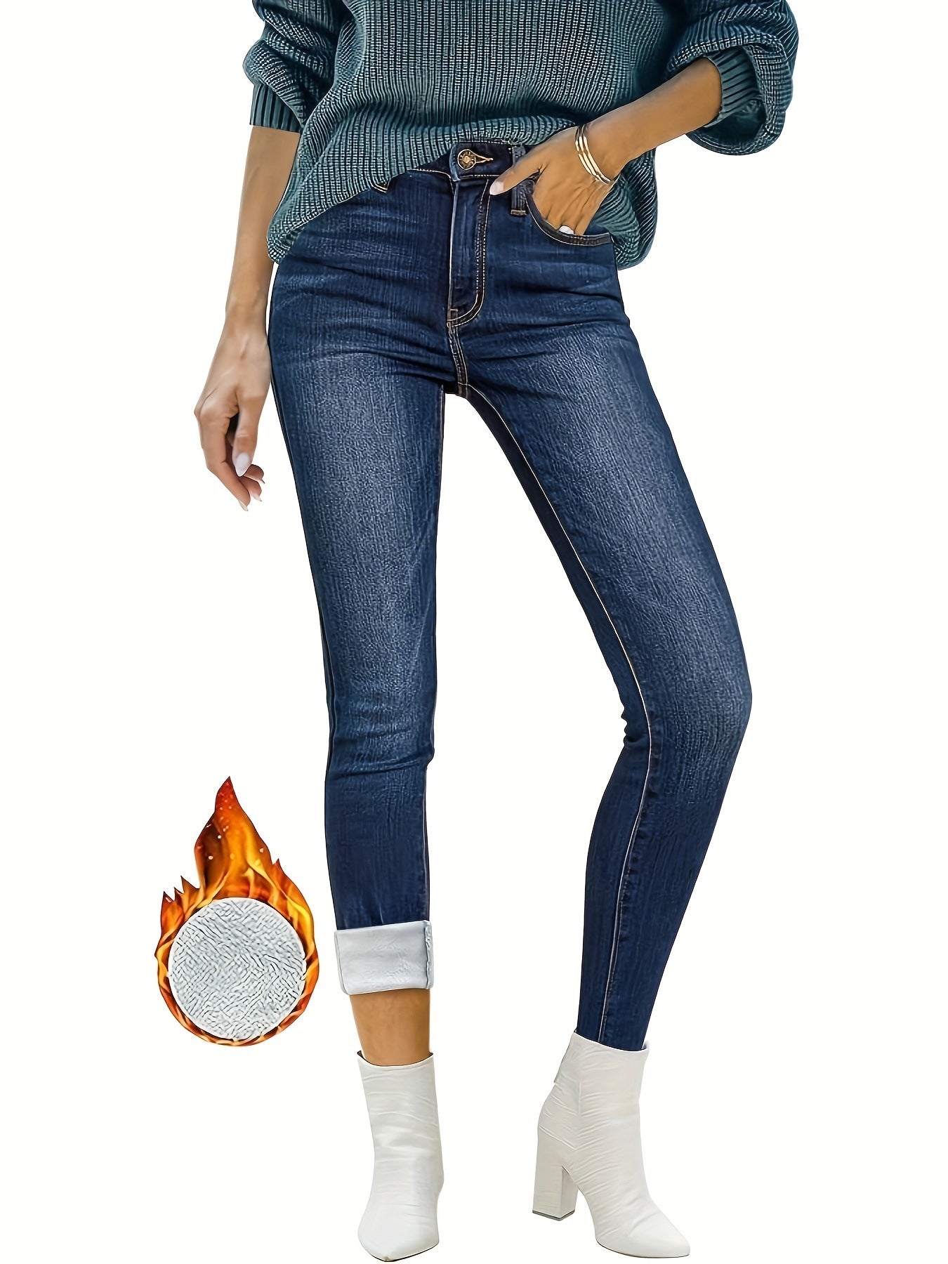 Women's Front Button Simple Velvet Slim Fit Skinny Jeans Daily Casual