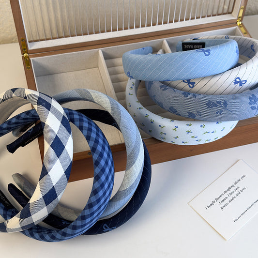 Blue Color Plaid Bow Sponge Headband