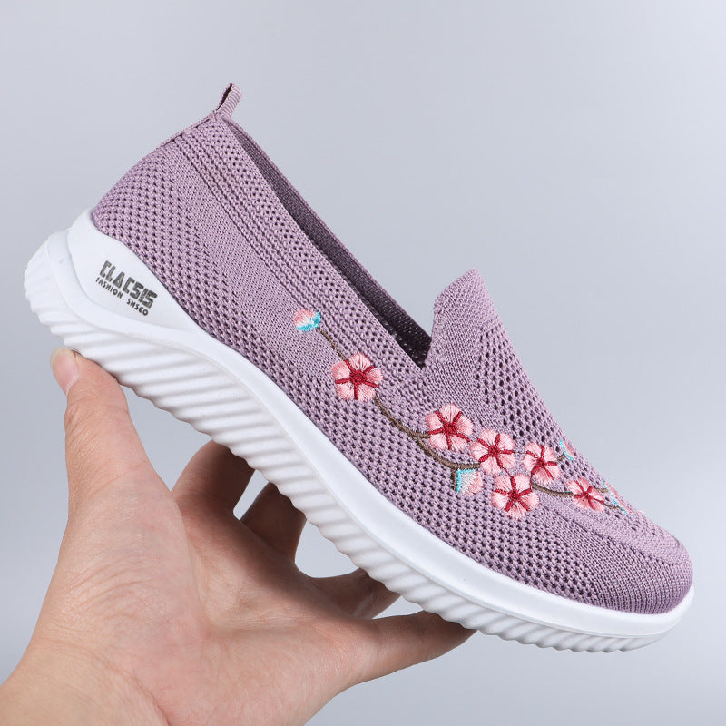Flower Embroidery Flats Summer Walking Shoes Women's Mesh Breathable Casual Shoes