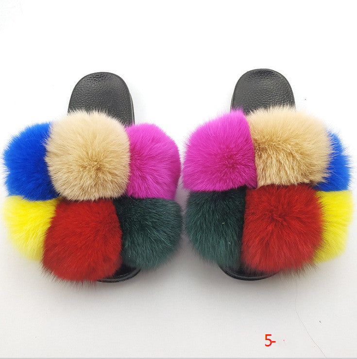 Flip Flops Fashion Outer Wear Fox And Raccoon Fur Children's Sandals And Slippers