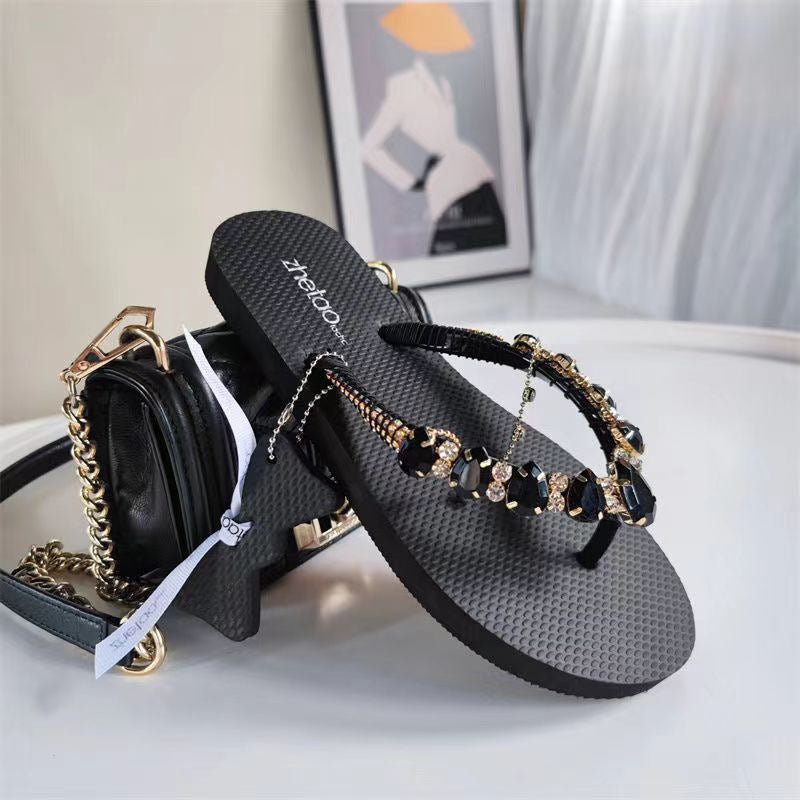Women's Fashion Casual Color Blocking Glass Peach Heart Rhinestone Flip-flops