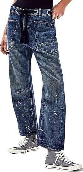 Womens Patchwork Loose Straight Denim Jeans With Drawstring Waist And Lace-Up Details