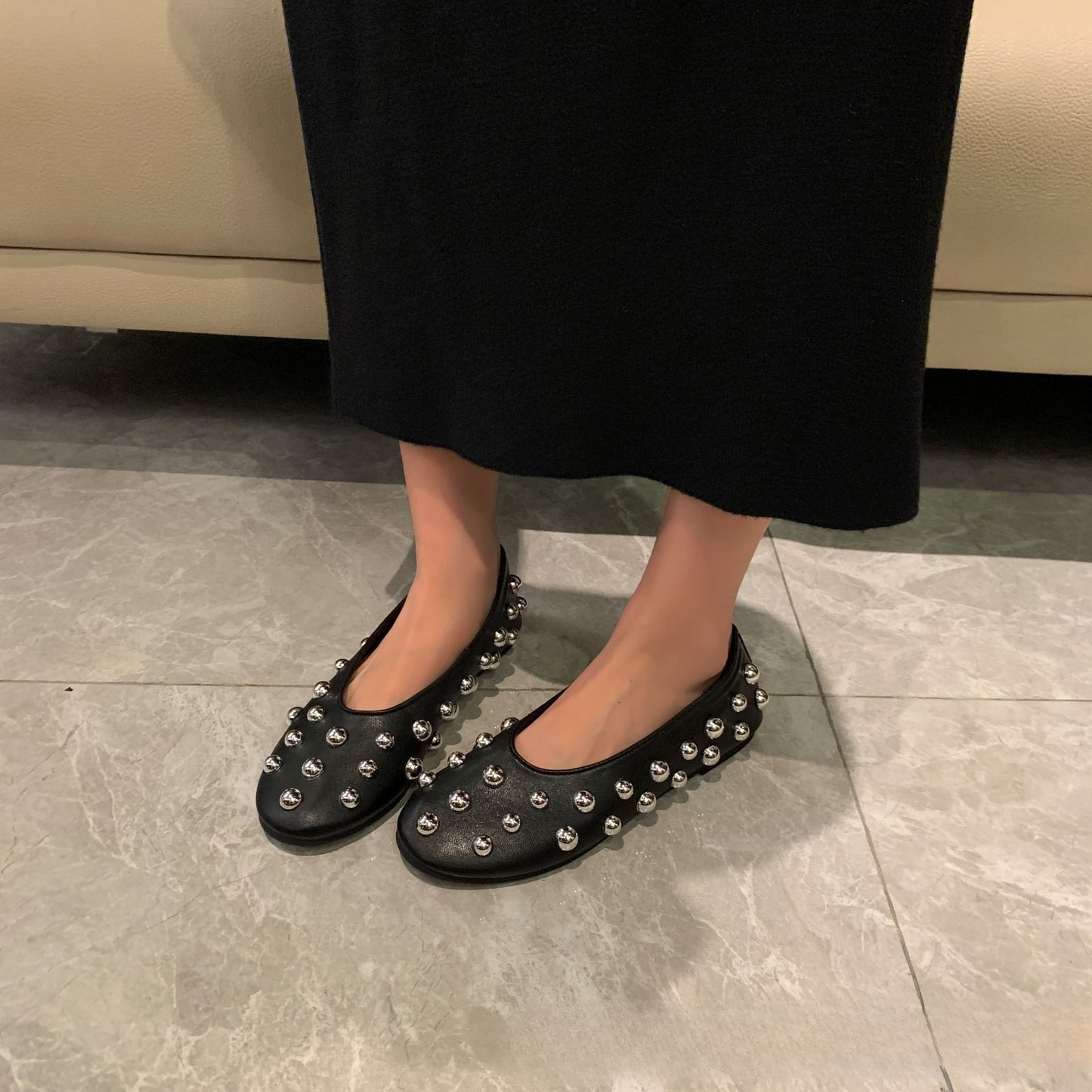 Black Studded Leather Ballet-style Flat Casual Shoes