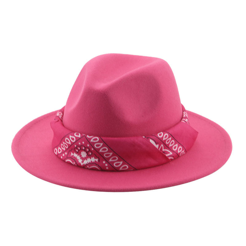 Paisley Ribbon Wide Brim Woolen Top Hat Felt Cowboy Hat