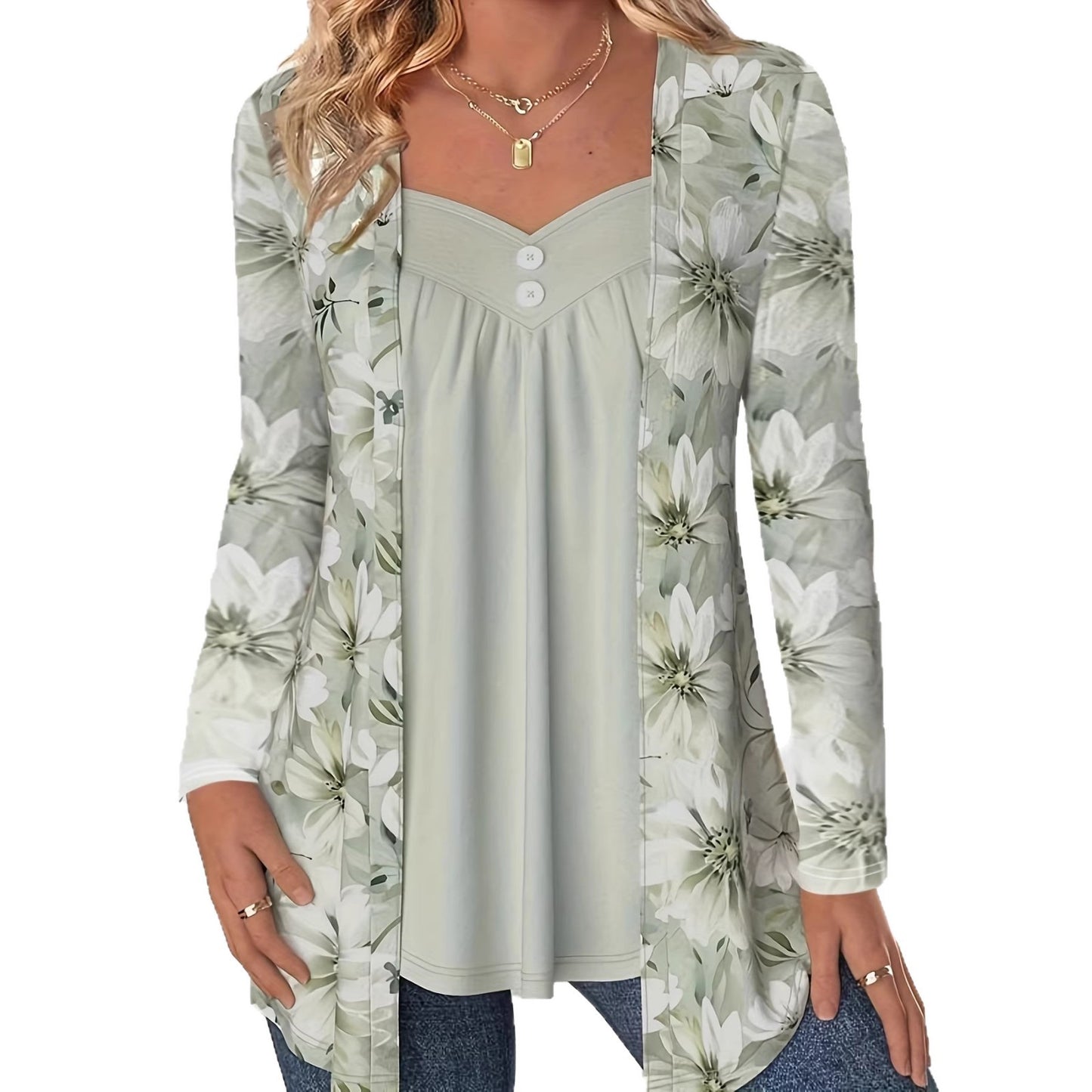 Fashionable Two-in-One Printed Long-Sleeve Top With Buttons