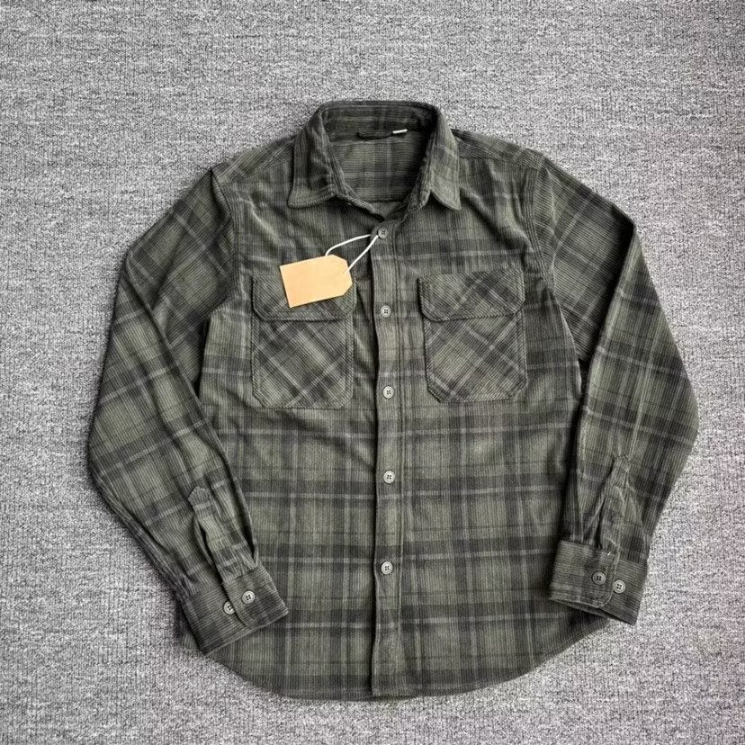 Retro Casual Slim-Fit Striped Corduroy Plaid Shirt