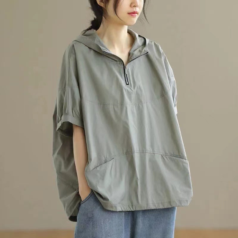 Women's Loose Casual Hooded Zipper Short Sleeve
