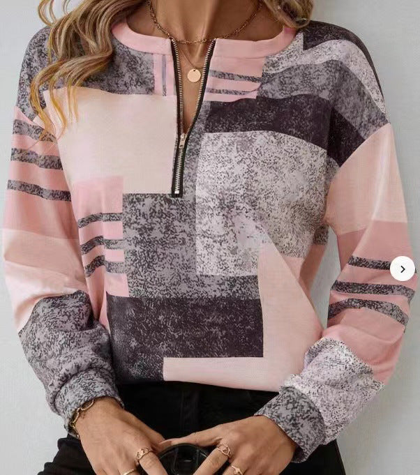 Round Neck Half Zipper Casual Style Polo Shirt Irregular Geometric Top