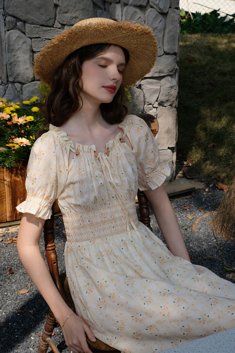 French Floral High Waisted Tie Up Dress