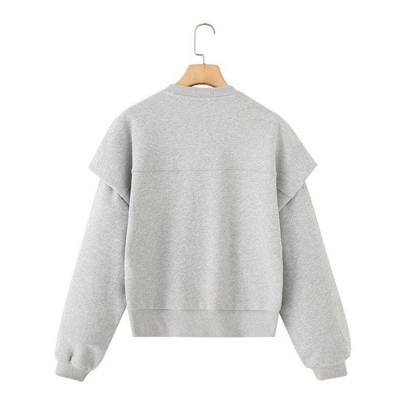 Solid Color Pleated Heavy Fabric Round Neck Long Sleeve Sweater