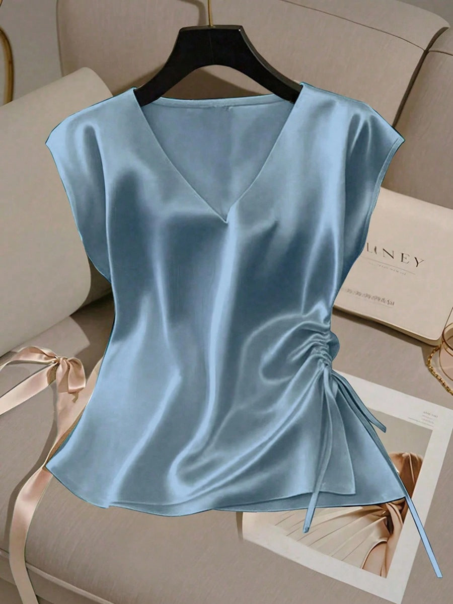 Womens Solid-Color Casual Satin V-Neck Top With Drawstring Hem