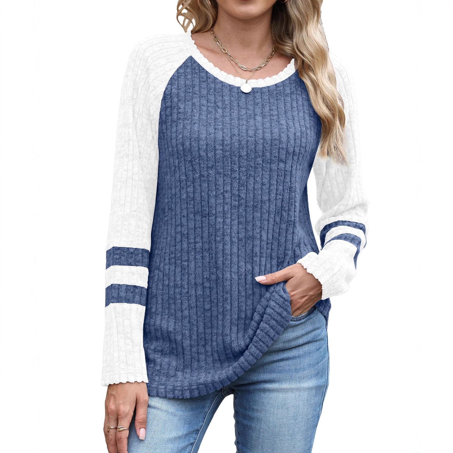 Europæisk og amerikansk mode langærmet sweater med kontrastfarve rund hals top