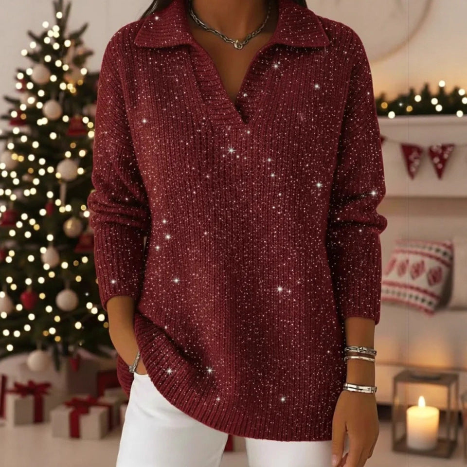 Ny Ensfarvet Langærmet Top Glitrende Sweater