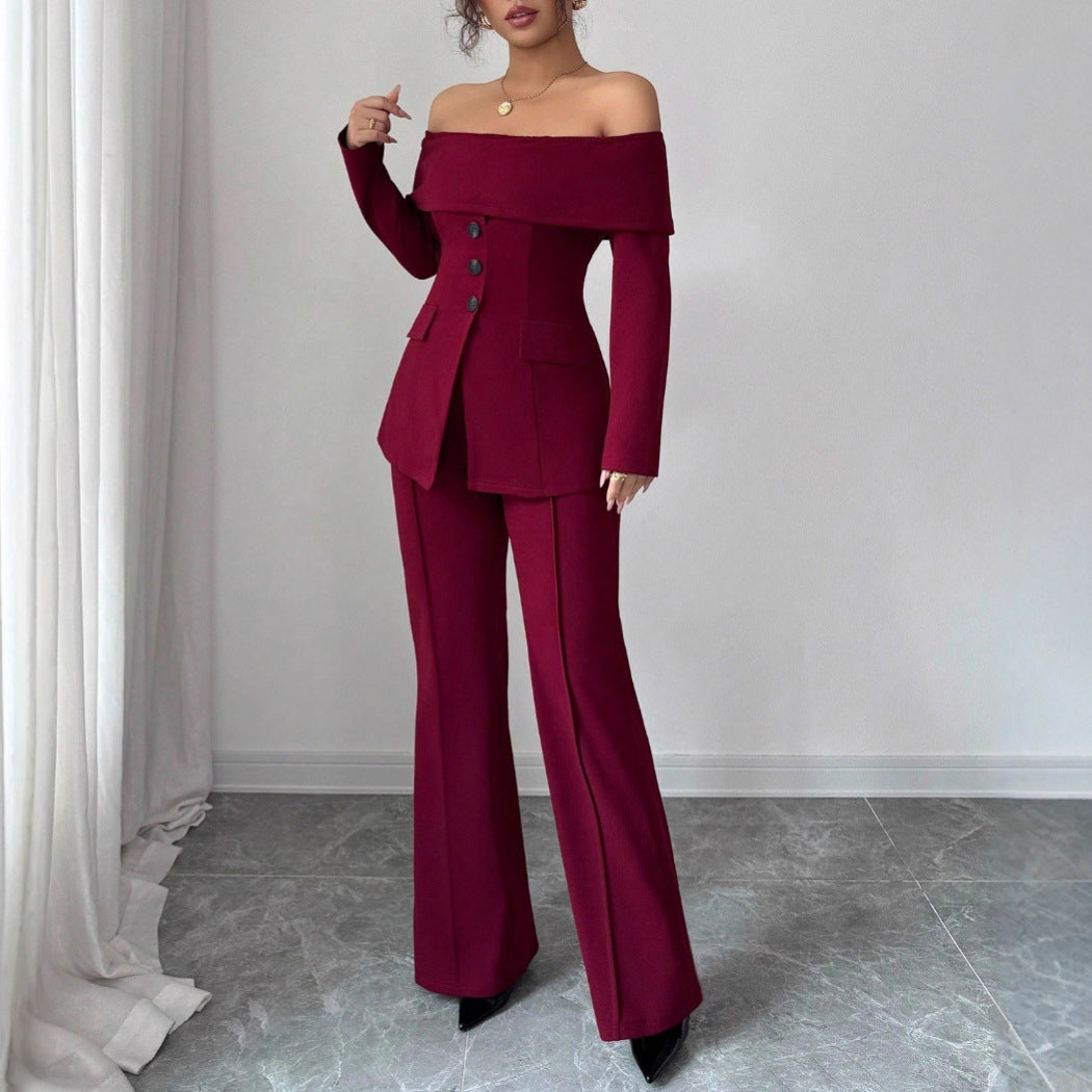 Burgundy Suit Dress For Women French-style Off-shoulder Design With An Elegant High-end Vibe