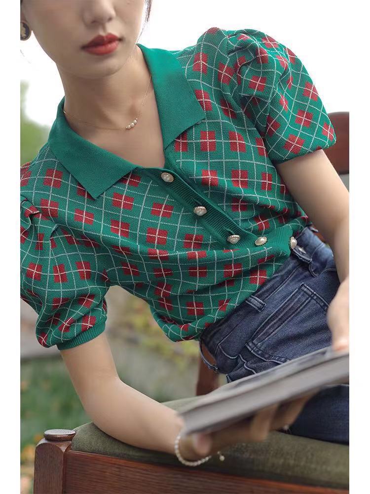 Women's Green Plaid Short-sleeved Knitted Cardigan Jacket