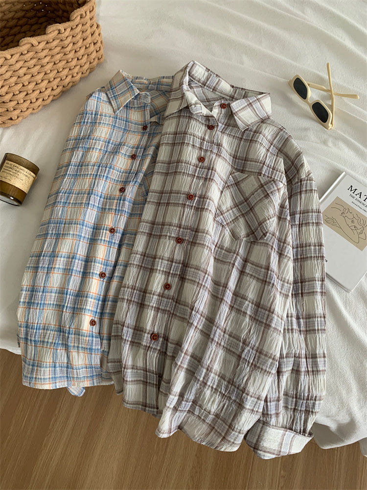 Women's Art Retro Washed Cotton Yarn Checkered Shirt