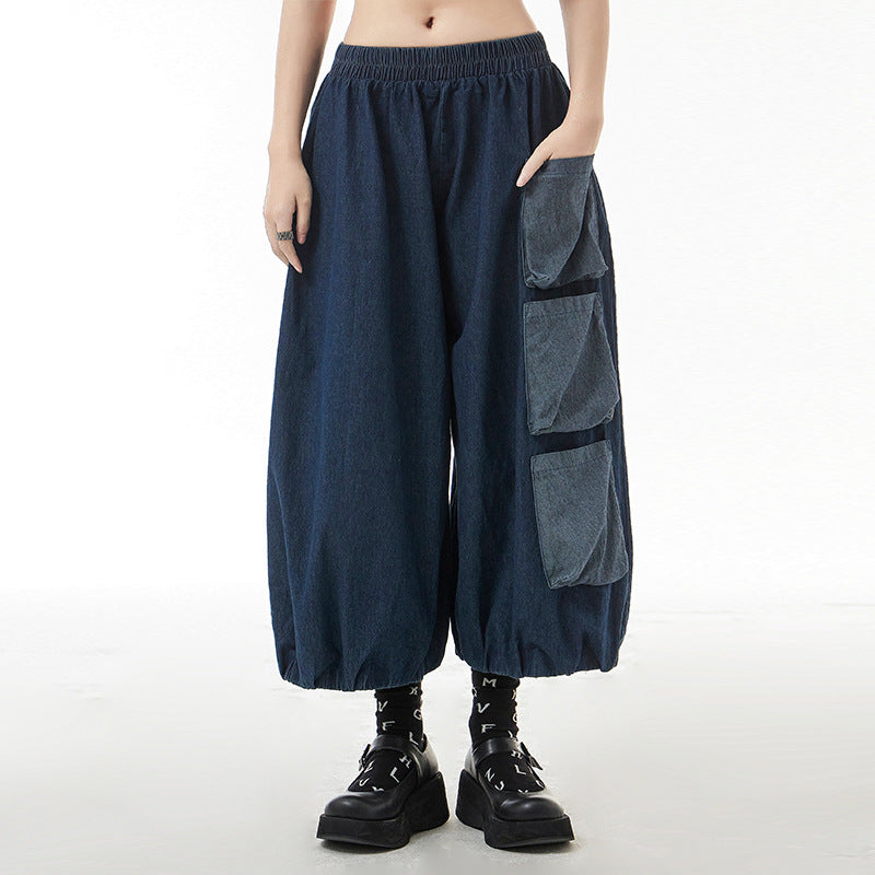 Retro Hong Kong Style Color Contrast Patchwork Wide-leg Jeans High Waist Slimming Casual Straight-leg Cropped Pants