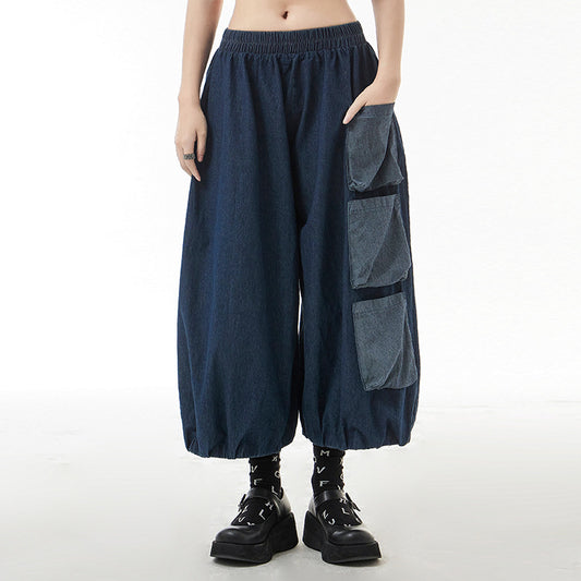Retro Hong Kong Style Color Contrast Patchwork Wide-leg Jeans High Waist Slimming Casual Straight-leg Cropped Pants